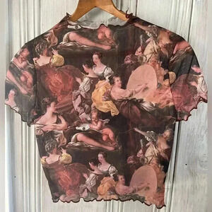 Cropped lettuce edges mock neck sheer top all over angel print. 90s Y2K inspire